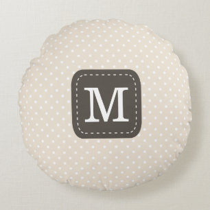 Pastel Beige Pattern Dark Brown Custom Monogram Round Cushion