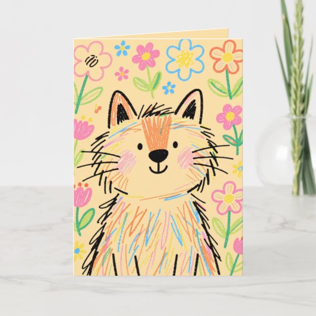 Pastel Beige Scribble Cat Greetings Card  (Front)