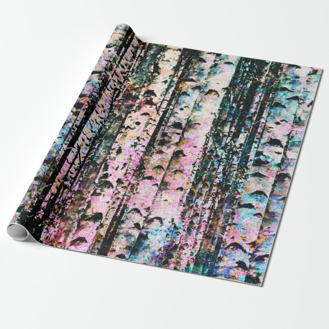 Pastel Birch Trees Wrapping Paper (Unrolled)