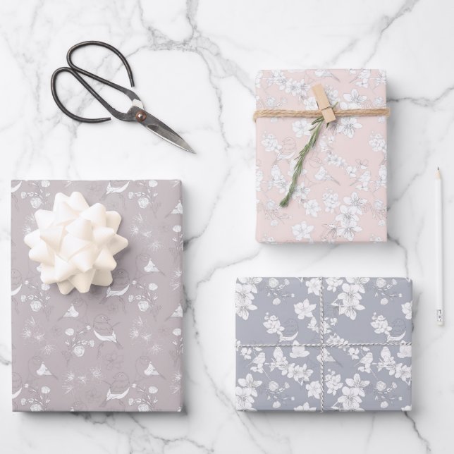 Pastel Birds and Flowers Wrapping Paper Sheet (Front)