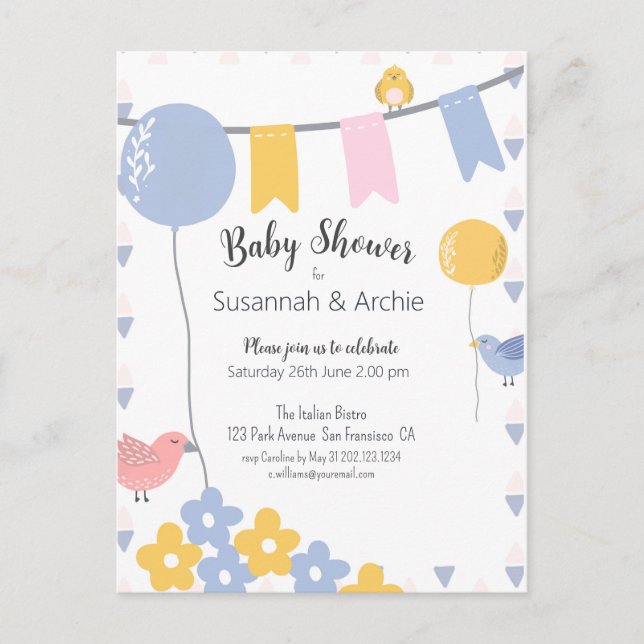 Pastel Birds & Balloons Baby Shower Invitation Postcard (Front)