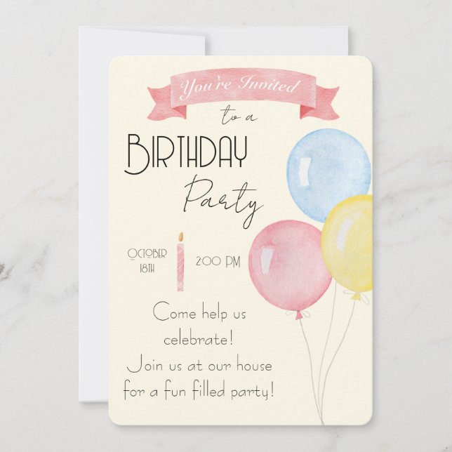 Pastel Birthday Balloons Party Invite  (Front)