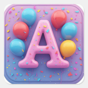 🎂 Pastel Birthday Cake Letter A Party Decor Kids Square Sticker