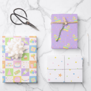 Pastel Birthday Pattern Set with Party Designs Wrapping Paper Sheet