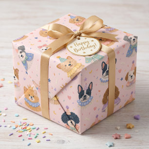 Pastel Birthday Puppies Party Hats and Crowns Wrapping Paper Sheet