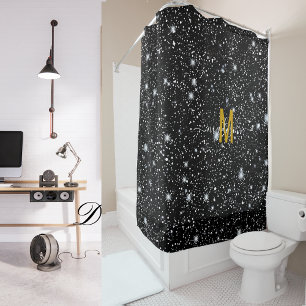 Pastel Black Glitter Gold Monogram Modern Script Shower Curtain