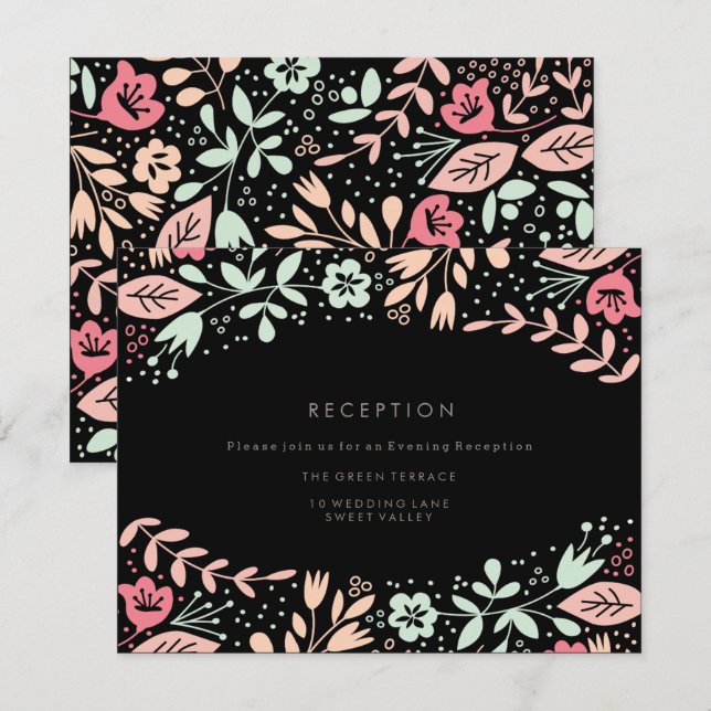 Pastel Black Modern Floral Wedding Reception Card (Front/Back)