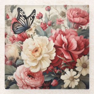 Pastel Blooms and Butterfly Dance Serene Floral Glass Coaster
