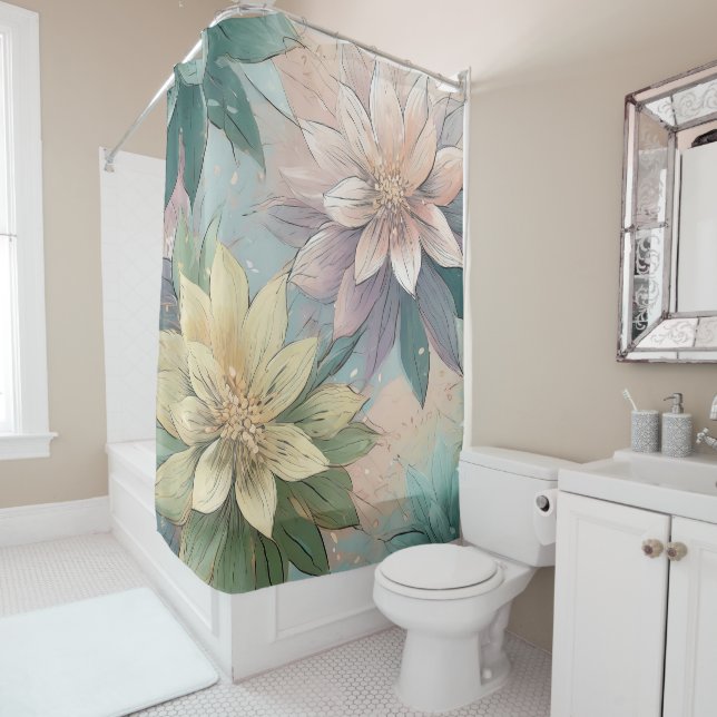 Pastel Blossom Burst: Floral Explosion Pattern Shower Curtain (In Situ)