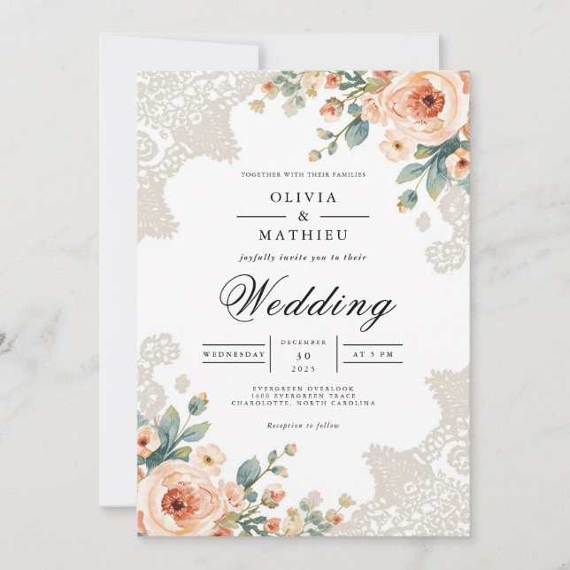 Pastel Blossom Lace Accent Wedding Invitation (Front)