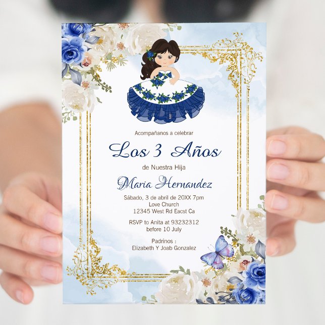 Pastel Blue 4 Mexican Girl Tres Anos Invitacion Invitation (Creator Uploaded)