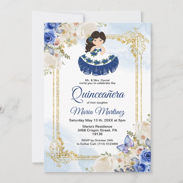 Pastel Blue 4 Quinceañera Mexican Invitation (Front)