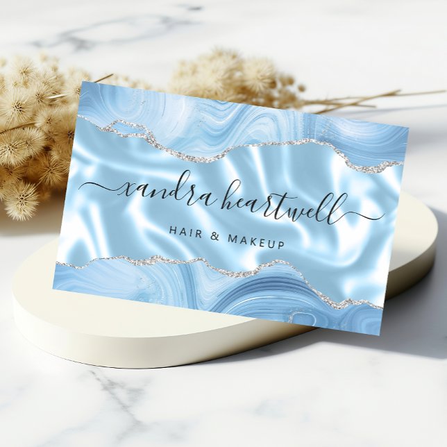 Pastel Blue Agate Silver Glitter Luxury Business Card (Creator Uploaded)