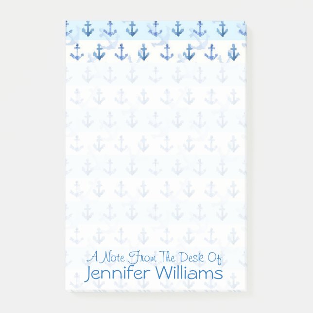 Pastel Blue Anchor Pattern | Add Your Name Post-it Notes (Front)