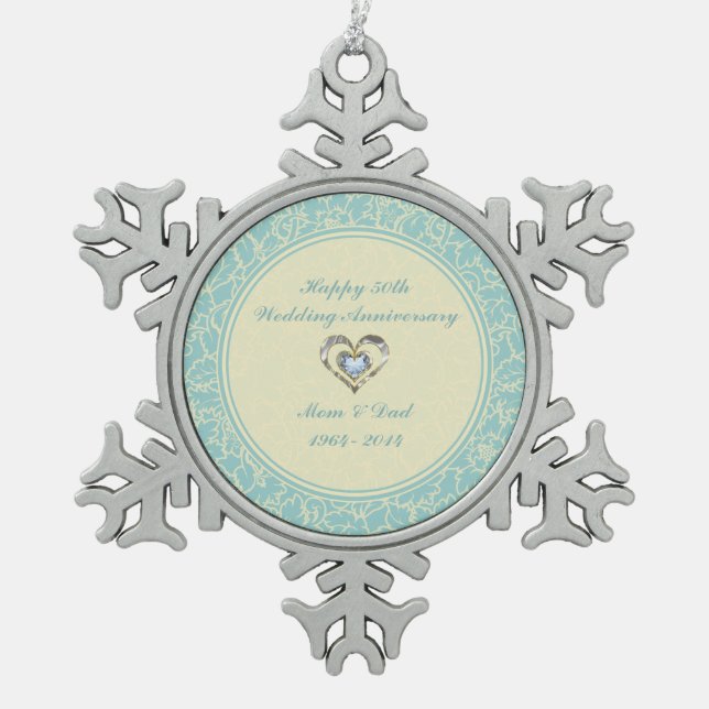 Pastel Blue And Beige Floral Damasks Snowflake Pewter Christmas Ornament (Front)