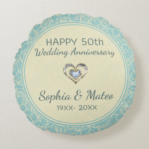 Pastel Blue And Cream Floral Damasks Round Cushion