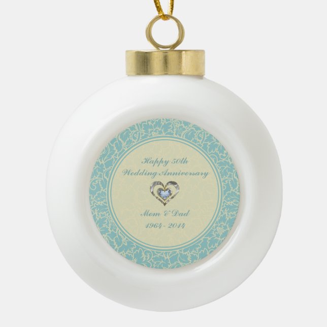Pastel Blue And Creme Floral Damasks Ceramic Ball Christmas Ornament (Front)