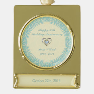 Pastel Blue And Creme Floral Damasks Gold Plated Banner Ornament