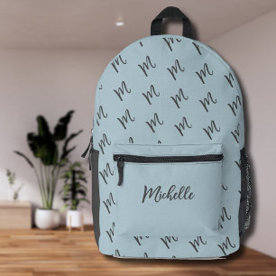 Pastel Blue and Dark Grey   Calligraphy Name Printed Backpack