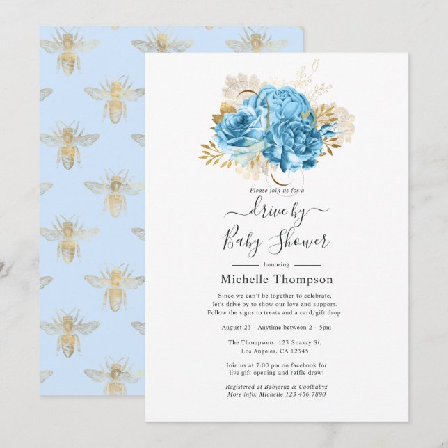 Pastel Blue and Gold Floral Drive By Shower Invitation (Front/Back)