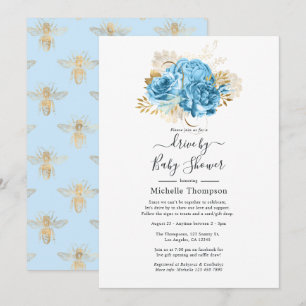 Pastel Blue and Gold Floral Drive By Shower Invitation