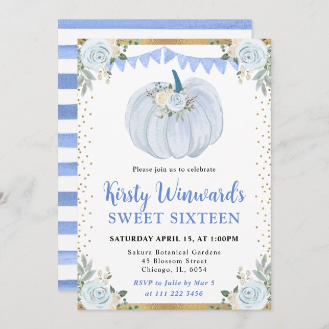 Pastel Blue and Gold Floral Pumpkin Fall Sweet 16 Invitation (Front/Back)