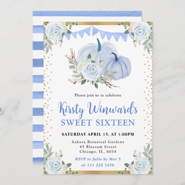 Pastel Blue and Gold Floral Pumpkins Fall Sweet 16 Invitation (Front/Back)