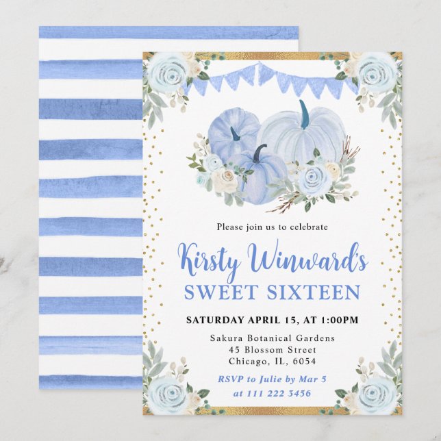 Pastel Blue and Gold Floral Pumpkins Fall Sweet 16 Invitation (Front/Back)