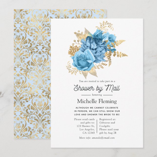 Pastel Blue and Gold Floral Shower by Mail Invitation (Front/Back)