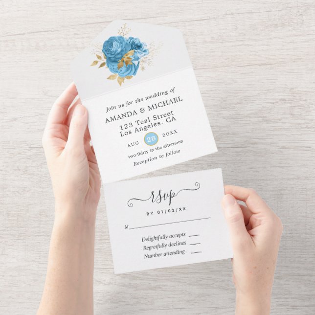 Pastel Blue and Gold Floral Wedding All In One Invitation (Tearaway)