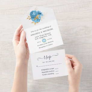 Pastel Blue and Gold Floral Wedding All In One Invitation