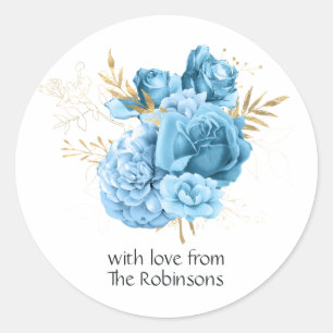 Pastel Blue and Gold Floral Wedding Classic Round Sticker