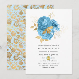 Pastel Blue and Gold Floral Wedding Invitation