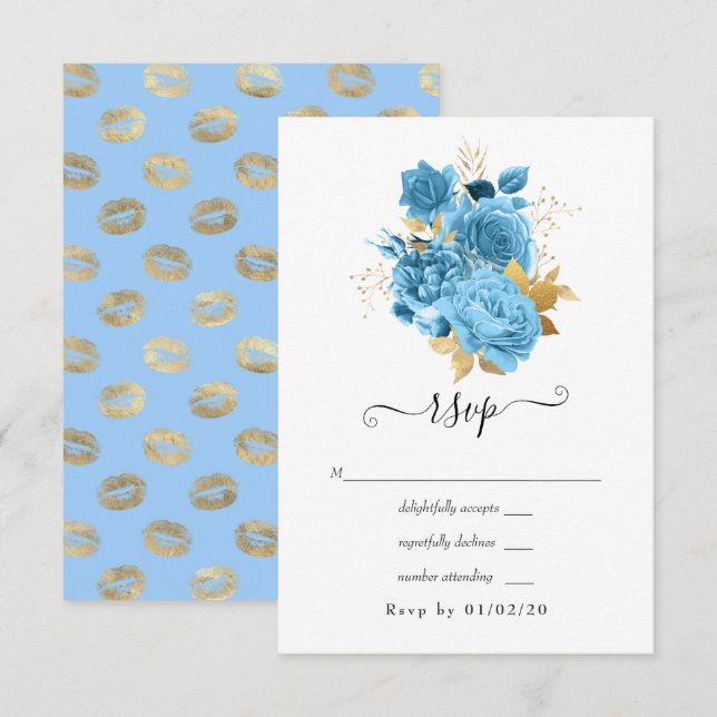 Pastel Blue and Gold Floral Wedding RSVP Card (Front/Back)
