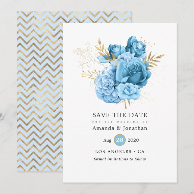 Pastel Blue and Gold Floral Wedding Save The Date (Front/Back)