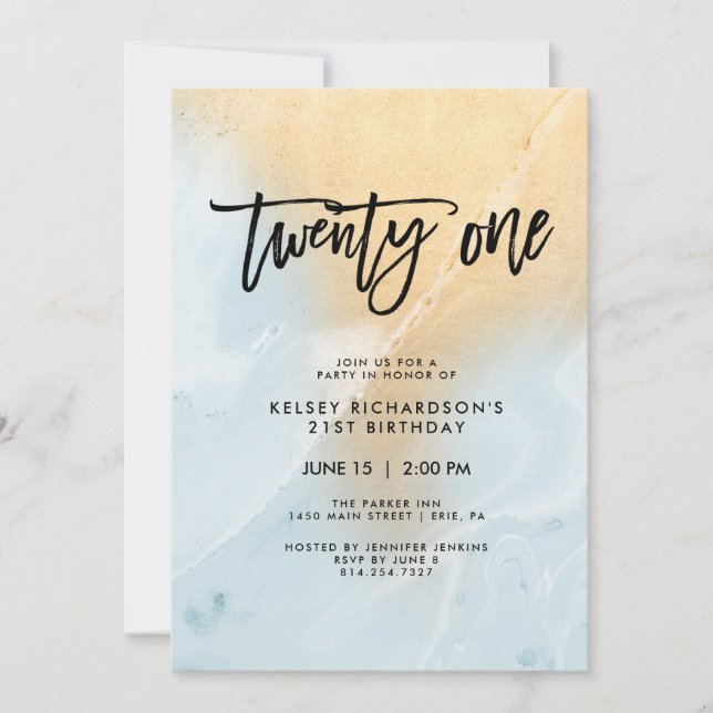 Pastel Blue and Gold Marble | 21st Birthday Party Invitation (Front)