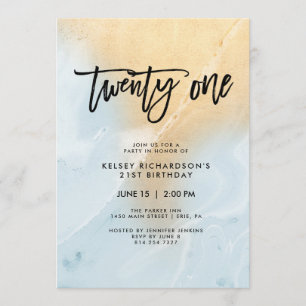 Pastel Blue and Gold Marble   21st Birthday Party Invitation