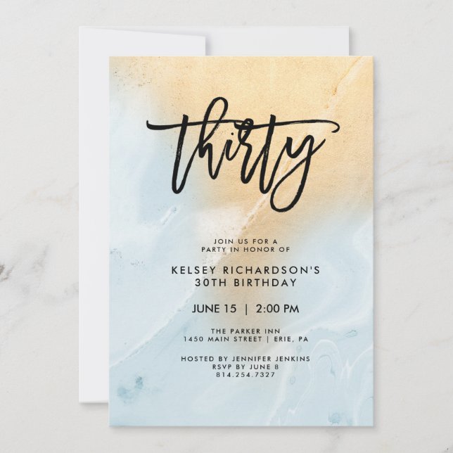 Pastel Blue and Gold Marble | 30th Birthday Party Invitation (Front)