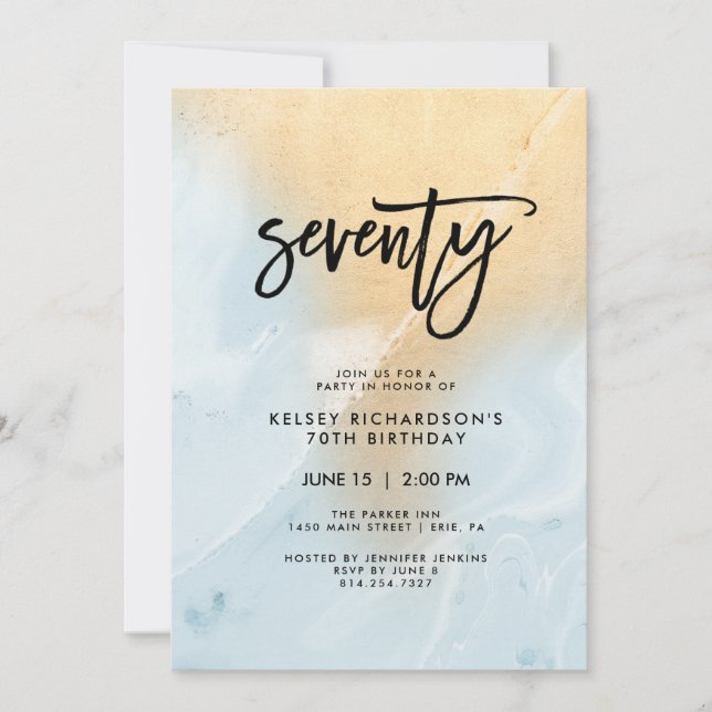 Pastel Blue and Gold Marble | 70th Birthday Party Invitation (Front)
