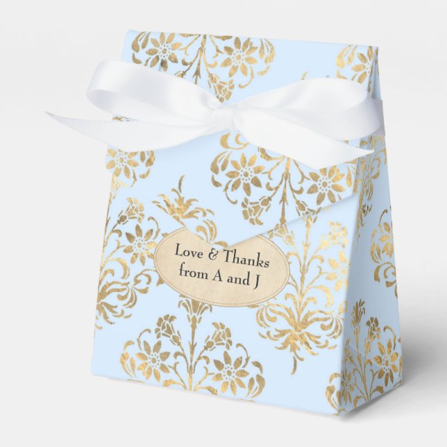 Pastel Blue and Gold Vintage Damask Favour Box (Front Side)