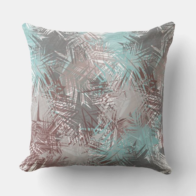 Pastel blue and grey abstract feather throw pillow (Front)