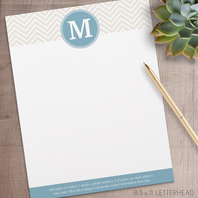 Pastel Blue and Linen Chevrons Custom Monograms Customised Letterhead (Personalized Letterhead )