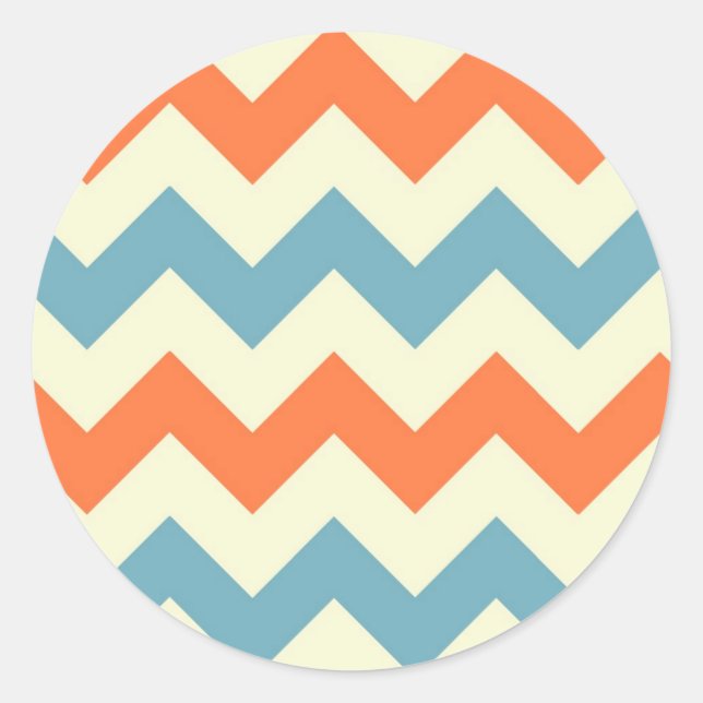 Pastel Blue and Orange Chevron Stripes Classic Round Sticker (Front)