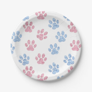pastel blue and pink faux glitter paw prints  paper plate
