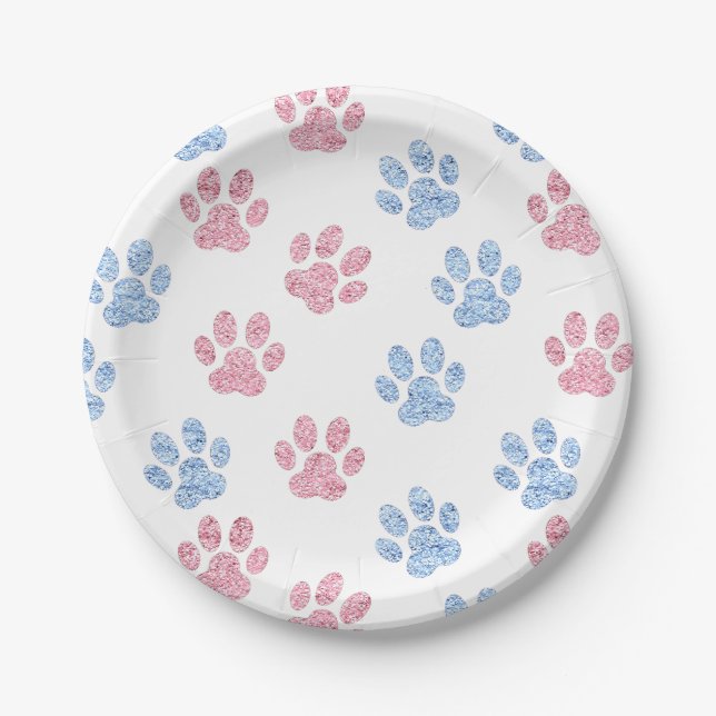 pastel blue and pink faux glitter paw prints  paper plate (Front)