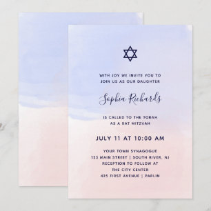Pastel Blue and Pink Watercolor   Bat Mitzvah Invitation
