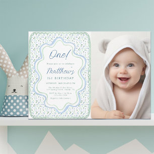 Pastel Blue and Sage Green 1st Birthday Photo Invitation