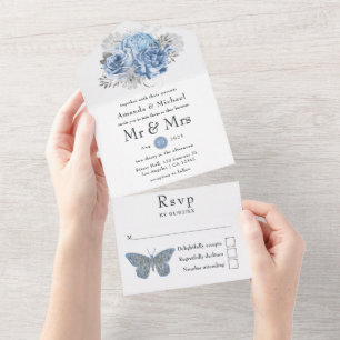 Pastel Blue and Silver Vintage Rose Wedding All In One Invitation