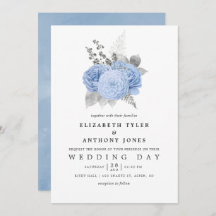 Pastel Blue and Silver Vintage Rose Wedding Invitation
