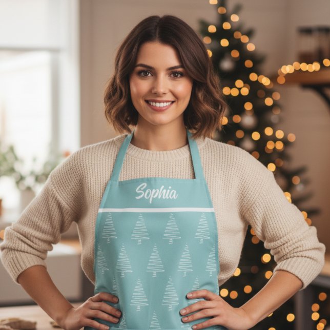 Pastel Blue And White Christmas Tree Pattern Apron (Pastel Blue And White Christmas Tree Pattern Apron)
